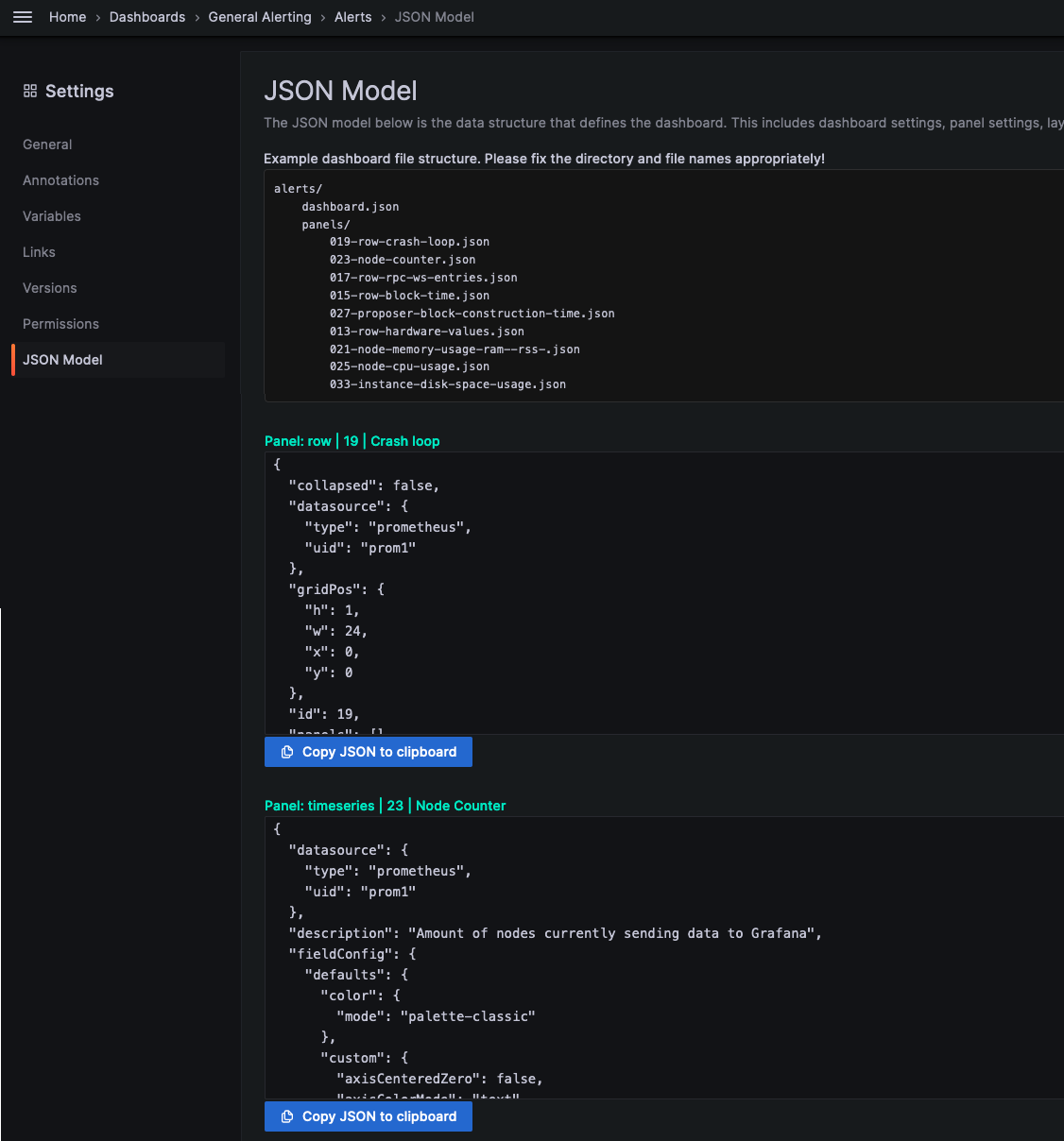 Grafana JSON Model setting for dashboards